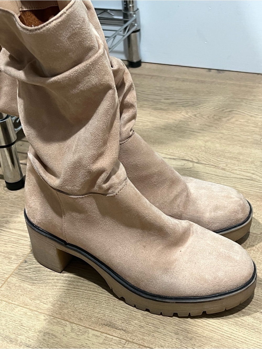 Slouchy Taupe Suede Block Heel Boots for Women